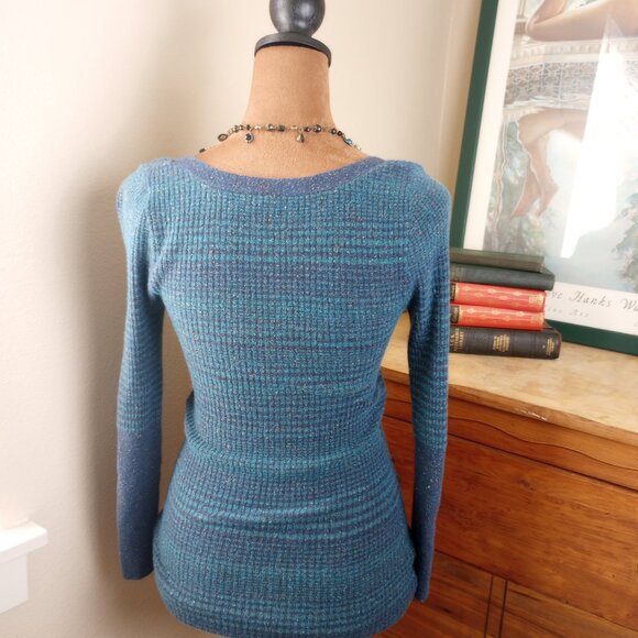 Free People Boho Y2K Henley Bodycon Top Wool Cotton Silk Bella Swan Blue Speckle - Picture 7 of 7